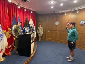 Young Foxhole volunteer Phillip Lucut enlisted today. He was sworn in by Foxhole\'s Board of Director, Dave Dempsey.